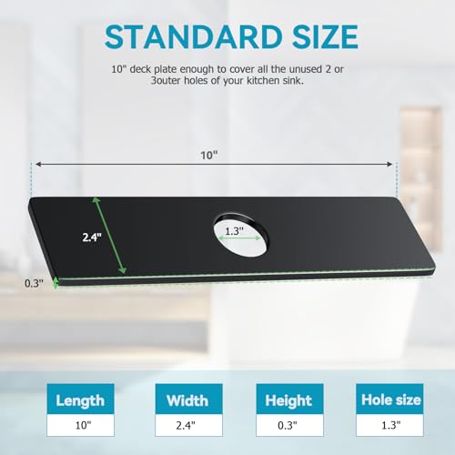 MAAYAYA 10" Rectangle Kitchen Sink Deck Plate, Faucet Hole Cover, 1or3 Hole | MAAYAYA Matte Black Rectangular Deck Plate Escutcheon, 304 SS, Foam Gasket; Installs with Faucet Hardware, no Extra Nuts - color: Black-Rect