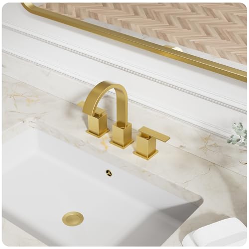Brushed Gold Bathroom Faucet 8 Inch Widespread 3 Hole 2 Handle,Waterfall Swivel Spout Bathroom Sink Faucet with Pop Up Drain and Water Supply Line,WF011-BG - color: Brushed Gold-8 IN