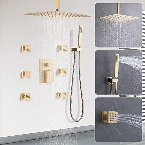 Enga Brushed Gold Rain Shower System with Body Jets, 12 inch Rain Shower Body Spray Jets System Ceiling Mounted Shower Faucet Set with 3-Function Brass Shower Valve - color: Brushed Gold, style: Ceiling Mount - 6 Jets