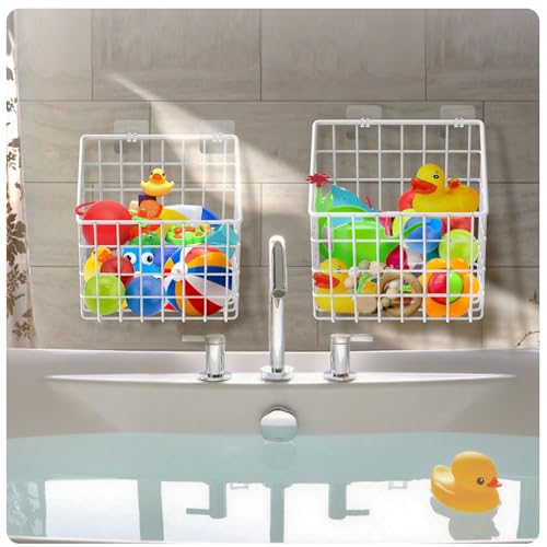 Greentainer 2 Pack Bath Toy Storage Organizer, Large Rustproof Metal Wire Basket, Wall Mounted Hanging Bathtub Holder, Bathroom Shower Caddy for Tub Toys & Toiletries - color: White
