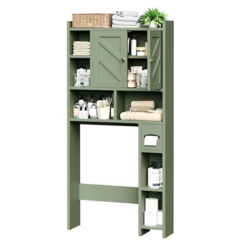 Over The Toilet Storage Cabinet, 64.6" Tall Bathroom Organizer Space Saver with Toilet Paper Holder & Adjustable Shelf, Freestanding Wood Cabinet for Small Space, Green - color: Green