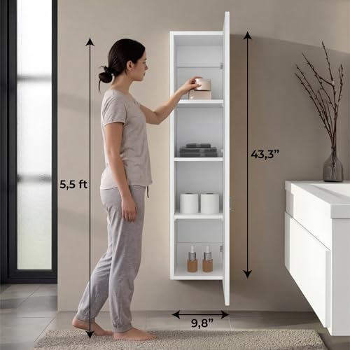 Tuhome Tall Wall Cabinet, 43.3" High Slim One Door Storage with Adjustable Shelves, White Wall Mounted Bathroom Wall Cabinet & Kitchen Wall Cabinet for Toiletries, Towels, Spices