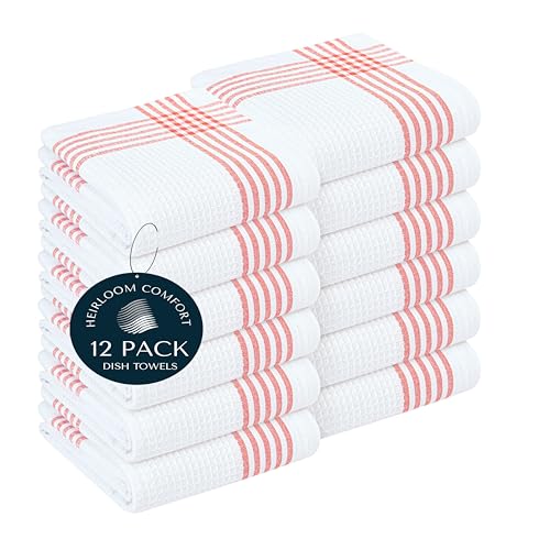 Red and White Waffle Weave Kitchen Towels 12 Pack, 16x26 Inch, Cotton Dish Towels with Hanging Loop, Quick Dry, Absorbent, Machine Washable, Durable for Kitchen & Cleaning - color: Red, White, style: 12 Pack