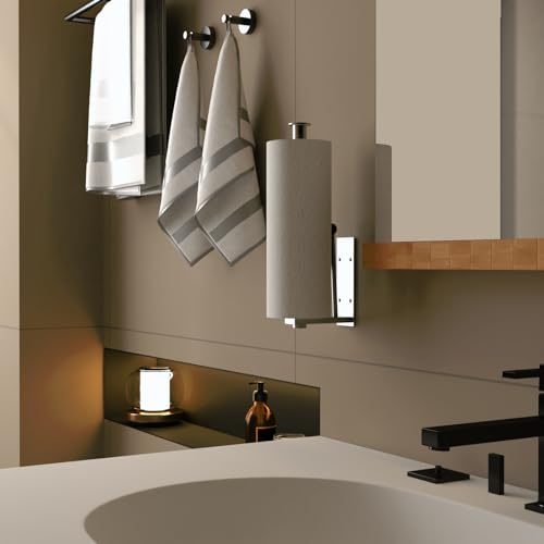Under Cabinet Paper Towel Holder, One-Hand Tear Kitchen Paper Towel Holder | Stainless Steel Wall Mount Self Adhesive Paper Towel Rack with Tension Arm, Fits for First Apartment Essentials, Kitchen, RV - color: Sliver