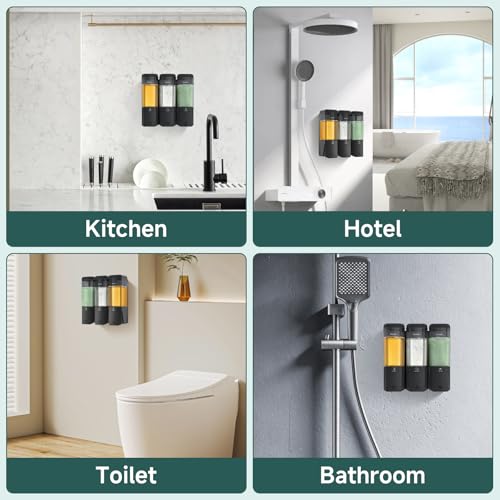 Shampoo and Conditioner Dispenser 3 Chamber 17oz No Drill Shower Soap Dispenser Wall Mounted Shampoo Conditioner Body Wash Refillable Bathroom Shower Dispenser (Black+Smoke Gray 3 Chamber) - color: Black-smoke Gray-3
