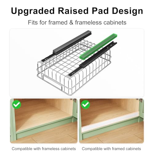 Pull out Cabinet Organizer, Stainless Steel 1-Pack (9.8"W x 16.5"D) Full-Extension Slide out Drawer, Adhesive Roll out Can Spice Storage Basket Shelf Rack for Pantry, Kitchen, Bathroom, Home Closet - size: (9.8"W x 16.5"D x 4.7"H)
