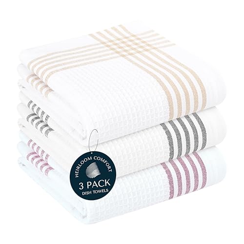 Multi Color Kitchen Towels 3 Pack, 16x26 Inch, 100% Cotton Waffle Weave, Super Absorbent, Quick Dry, Reusable Dish Towels for Cleaning, Drying, Cooking, Beige, Black, Burgundy Wine - color: Beige, Black, Burgundy Wine, style: 3 Pack