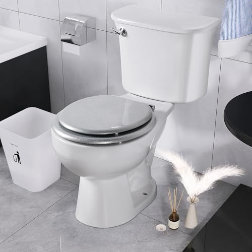Angol Shiold Glitter Toilet Seat Molded Wood Round Toilet Seat with Quietly Close and Quick Release Hinges, Easy to Clean also Easy to Install (Round 16.5'', Silver) - color: Silver, size: Round 16.5‘’