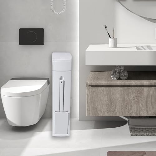 Slim Trash Can,Bathroom Trash Can with Toilet Brush and Holder Set 4.5 Liter / 1.2 Gallon Press-Type Plastic Garbage Can Slim Rectangular Trash Bin for Toilet , white, 5CC1101247