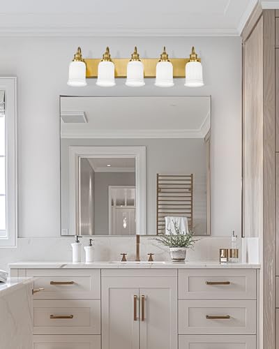 HWH INVESTMENT 5-Light Bathroom Vanity Light, Brushed Gold, 5HZG106B-5W BG | 33-Inch Hardwired Wall Light with Frosted Bell-Shaped Glass; 5 E26 Bulbs, Max 60W Each; Reversible Up or Down Mount - color: Brushed Gold, size: 5-Light