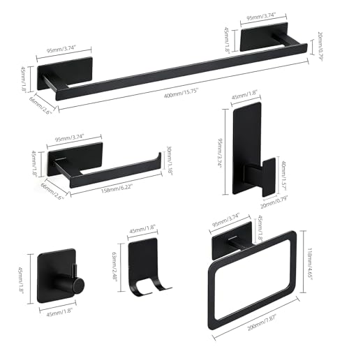 10 Pieces Stainless Steel Bathroom Towel Bar Set Self Adhesive | Matte Black Bathroom Hardware Set, Towel Rack for Bathroom, 16 inch Towel Bar, Robe Hooks, Toilet Paper Holder, Towel Ring