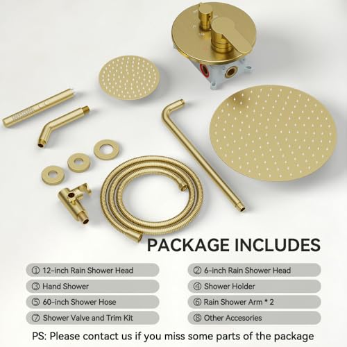 Shower Systems STARBATH 12+6" Round Dual Rainfall Shower Head with Handheld Spray for Two People, Wall Mounted 3 Way Rain Shower Faucet Sets Complete, Included Valve and Trim Kit, Brushed Gold - color: Brushed Gold, size: 6+12 inch-05