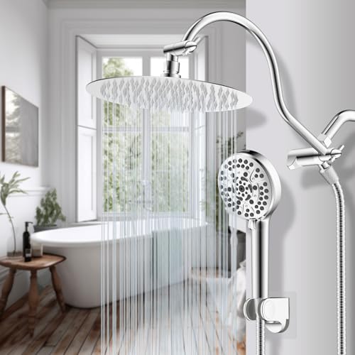 Hibbent All Metal CUPC Certified Shower Head, 10'' High Pressure Rainfall Shower Head, Handheld Showerhead Combo with 12'' Adjustable Extension Arm, 10-Spray, 71'' Shower Hose, Shower Holder, Chrome - color: Chrome, style: Round 10''