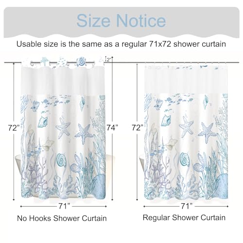 No Hook Shower Curtain and Liner Set for Bathroom, Blue Beach Coastal 71x74 | Nautical Ocean Design, with Snap in Liner Replacement, Mesh Top Window, Waterproof, Machine Washable, Quick-Drying - color: Blue, size: 71"W x 74"L (Pack of 1)