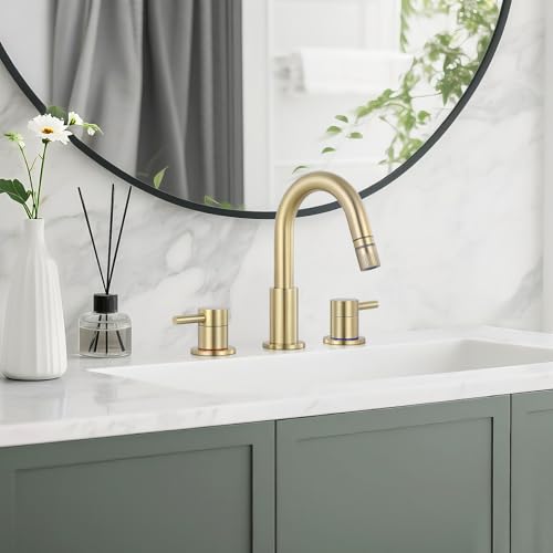 8 Inch Bathroom Faucet 3 Hole Gold Pull Down Bathroom Sink Faucet | Stainless Steel,Two Water Flow Modes,Brushed Nickle,3 hole Widespread,Pop-up Drain,Water Supply Hoses,Pull Down Sprayer, - color: A-Brushed Gold