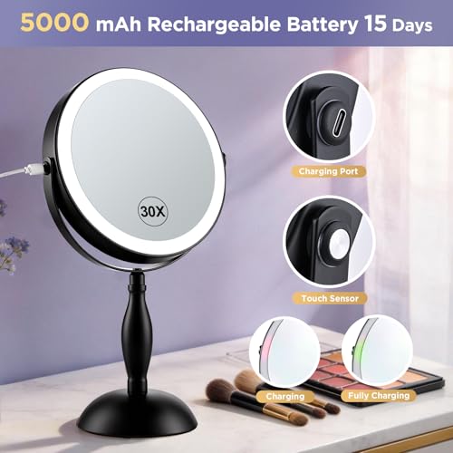 30X Magnifying Mirror with Lights-Matte Black 8" Dual Sided | (1X/30X) Lighted Makeup Mirror, 360° Swivel, 5000mAh Rechargeable Side Touch & Side Charging, 3 Colors & Dimmable Brightness - color: Matte Black