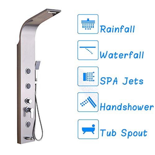 Brushed Nickel Bath Shower Panel Rainfall Waterfall Tower Shower Column with Body SPA Massage Jets Spray Nozzle Tub Faucet Spout