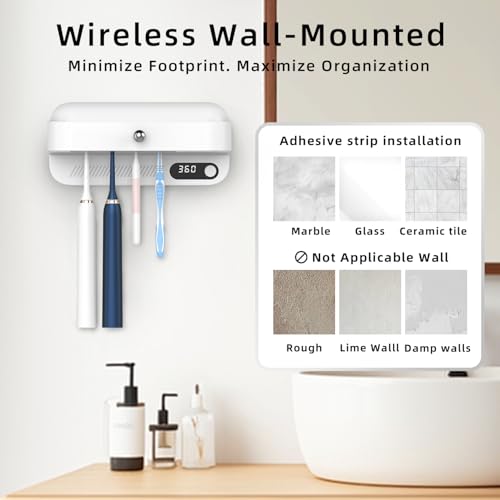 Wall Mounted Toothbrush Holder with Active Airflow Drying for Shared Family Bathroom, Fits Electric & Manual Toothbrushes, Rechargeable, No-Drill Installation