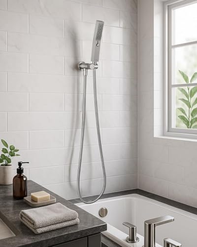 G-Promise All Metal 3-Function Handheld Shower Wand | Built to Last, Easy Install, with On/Off Switch Holder, Extra Long Hose, Modern Upgrade - color: Brushed Nickel, style: Square