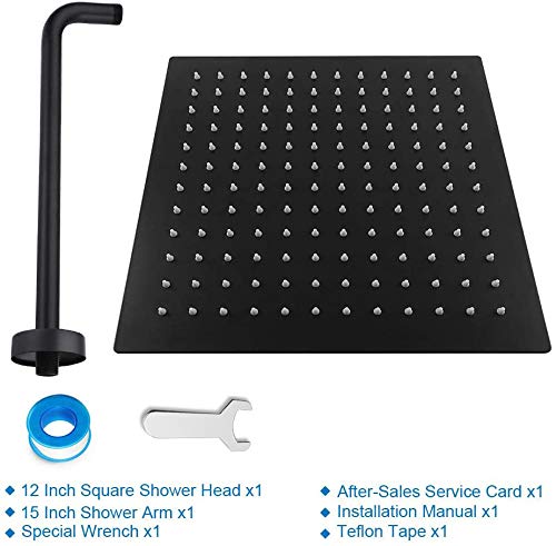 NearMoon Square Rain Shower Head With Extension Arm, Large Stainless Steel Rainfall Shower-Waterfall Full Body Coverage (12 Inch, Matte Black) - color: Matte Black, size: 12 Inch