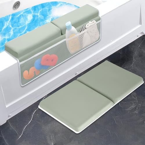 JJGoo Bath Kneeler with Elbow Rest Pad Set, 1.5 inch Kneeling Pad Mat for Bathtub Baby Bathing Parents, Painless Foam Mat with Toy Organizer Pockets, Non-Slip for Baby and Toddler Bathing - color: Green