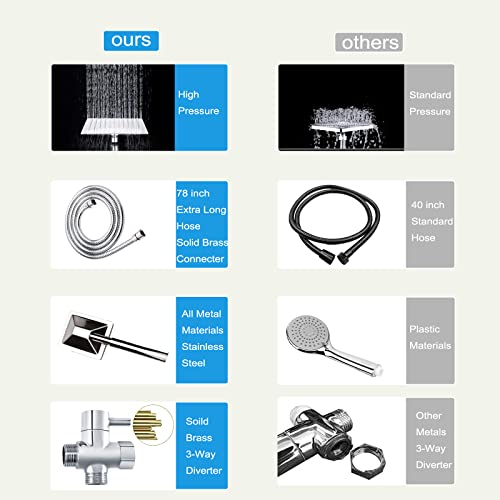 High Pressure 6'' Rainfall Shower Head with Handheld Combo, Wosaisius All Metal Waterfall Showerhead, Dual Shower Head with 78" Shower Hose, 3-Way Diverter, Adhesive Shower Holder, Chrome - color: Square#Chrome