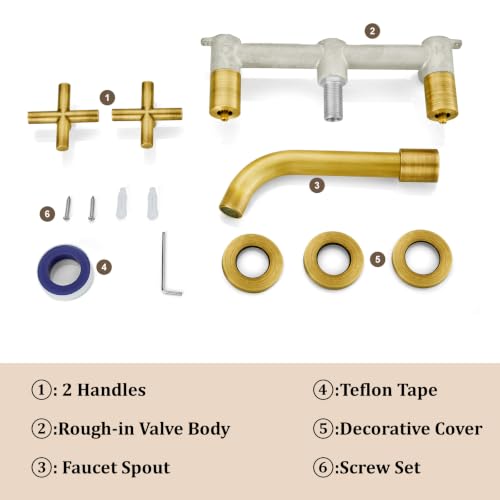 Midanya Wall Mount Bathroom Faucet 3 Hole 2 Cross Handle,Antique Brass | SUS304 Stainless Steel,Rough-in Valve Included,360° Swivel Spout,for Bathroom Sink,Vanity - color: Antique Brass