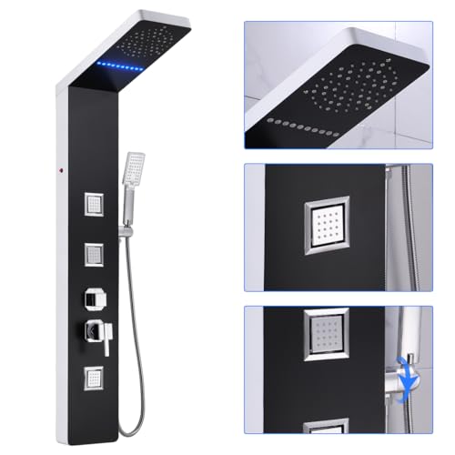 ELLO&ALLO Stainless Steel Shower Panel Tower System, LED Rainfall Head Rain Massage System with Body Jets, Black and Slive - color: Black and Slive