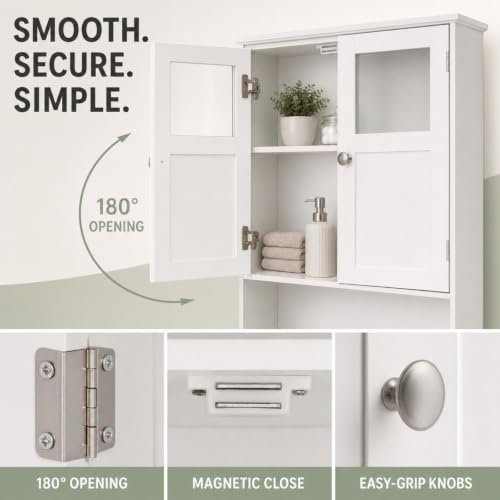 Bonnlo Over the Toilet Storage Cabinet with Adjustable Shelf White Bathroom Floor Organizer Space Saver with Double Doors, 67" Height