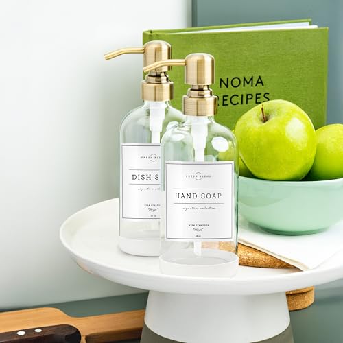 Vine Creations Clear Glass Soap Dispenser, 2 Pack Kitchen Soap Dispenser Set with Stainless Steel Pump, 16 oz Dish Soap and Hand Soap Dispensers for Bathroom with Waterproof Labels - color: Clear Bottle / Brushed Brass Pump