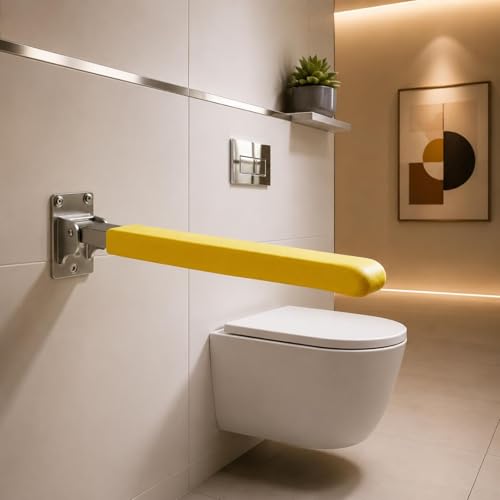 Gralara Surface-Mounted Toilet Grab Bar Non Slip Folding Grab Bar Space Saving Flip up Support Rail for Elderly, Yellow, Bright Yellow, 62CM Folding Toilet Grab Bar Comfortable Grip - color: Bright Yellow