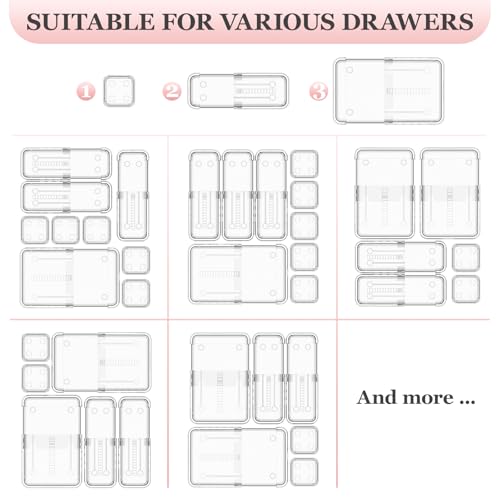 DILIBRA 16 Pcs Clear Extendable Drawer Organizer, Adjustable Drawer Storage | 3-Size Desk Drawer Organizer, Plastic Non-Slip Storage Bins for Makeup Cosmetic Jewelries Utensils Stationery Dressers Tool - size: 3Pcs Large + 5Pcs Medium + 8Pcs Small