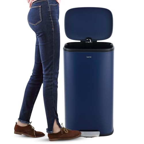 happimess Connor 2-Piece Iron Trash Can, Denim Blue | 13.2 And 1.3 Gallons, Rectangular, Soft-Close Lid, Step Pedal, 20 Liners, 26" And 12" Height - color: Denim Blue