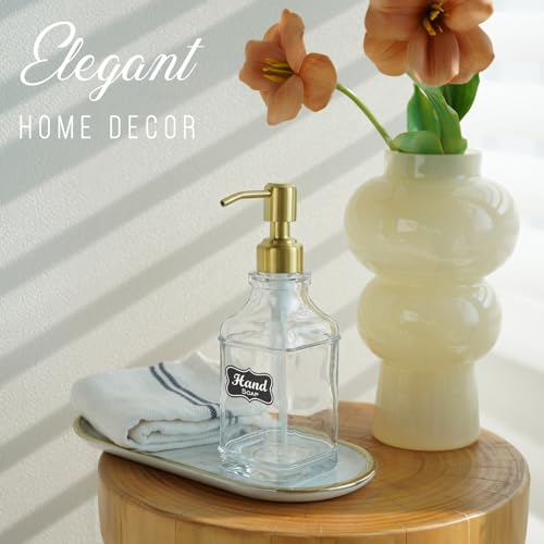 JASAI Antique Square Glass Soap Dispenser with Golden Rust Proof Pump, Refillable soap Dispenser with 10Pcs Stickers for Kitchen, Dish Soap Dispenser for Kitchen Bathroom Soap, Hand soap, Lotion. | Refillable Kitchen Soap Dispenser with Stainless Steel, D