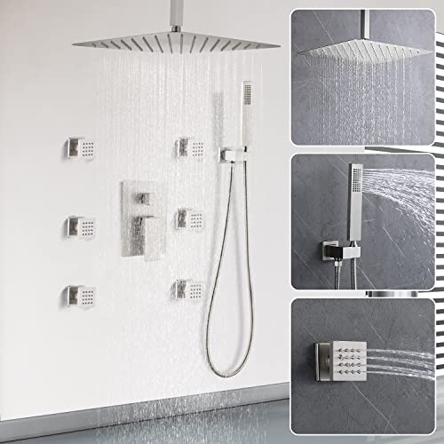 Enga Shower System with Body Jets 12 Inch Ceiling Mounted Rain Shower and Handheld Sprays Brass Full Body Massage Spa Jets Contain Rough-in Shower Valve, Brushed Nickel - color: Brushed Nickel, style: Ceiling Mount - 6 Jets