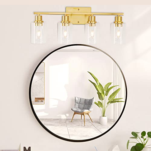 4-Lights Gold Bathroom Light Fixture, Brushed Brass Vanity Light with Clear Glass Shade, Modern Bath Wall Lights for Living Room, Hallway, Bedroom - color: Gold 4-Light