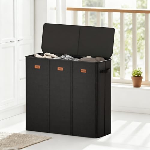 185L Laundry Hamper 3 Section with Lid, Black Dirty Clothes Hamper with 3 Removable Laundry Bags, Large Laundry Basket for Bedroom, Laundry Room, Dorm - color: Black