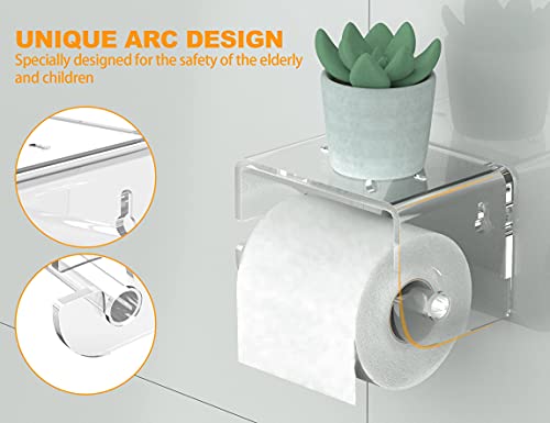 Adhesive Toilet Paper Holder with Shelf, Bathroom Toilet Paper Roll Stand, Wall Mounted Tissue Storage Holder, Acrylic Bathroom Accessories, with 3M Self Adhesive No Drilling (Clear)