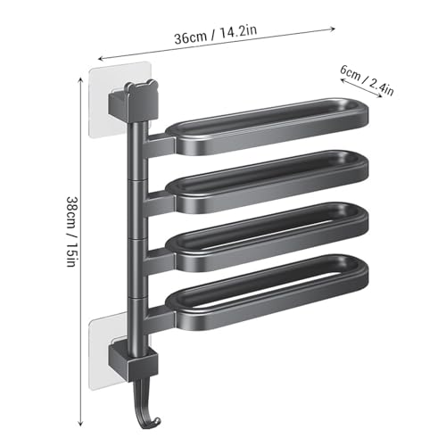 Buachois Swivel Towel Bar, 4 Arm Wall Mounted Rotating Towel Rack Holder with Hooks ABS Black for Bathroom Kitchen Balcony (4 Rods) - color: 4 Rods