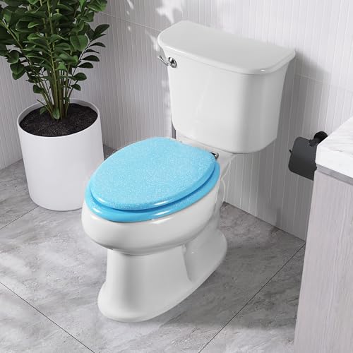 Angol Shiold Glitter Toilet Seat Molded Wood Elongated Toilet Seat with Quietly Close and Quick Release Hinges, Easy to Clean also Easy to Install (Elongated 18.5'', Blue) - color: Blue, size: Elongated 18.5‘’