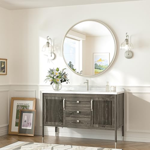 30 Inch Brushed Nickel Mirror Round Tempered, Shatterproof Bathroom Vanity Mirror Circle, Metal Farmhouse Wall Mounted Mirror for Vanity, Entryway, Bedroom, Restroom, Living Room - size: 30"L x 30"W