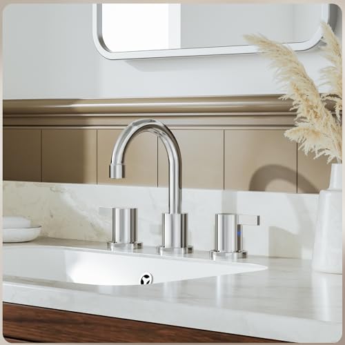 Phiestina 8 Inch 3 Hole Widespread Chrome Bathroom Faucet 2 Handle Bathroom Vanity Faucet with Metal Pop Up Drain & Water Supply line,BF03042-K01-C - color: Chrome - 8 IN