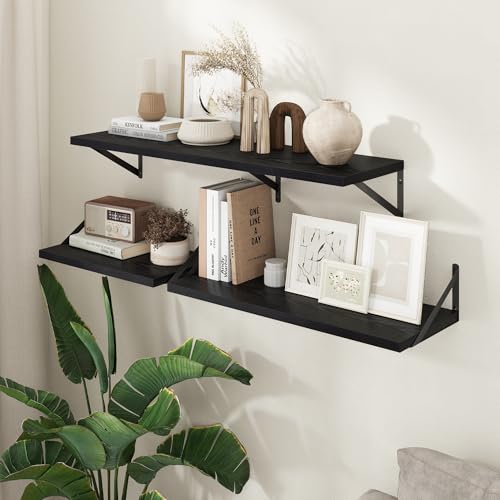 Deep Floating Shelves - 30 Inch Black Floating Shelves Set of 2-12 Inch Deep Wood Wall Shelves for Living Room Bathroom Kitchen - color: Black, size: 30W x 12D