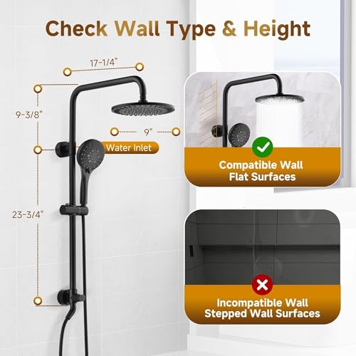 BRIGHT SHOWERS Rain Shower System Combo - 9 Inch Rainfall & Handheld Shower Heads with Power Wash, Solid Brass Rail, Height Adjustable Holder, 60 Inch Long Stainless Steel Hose, Matte Black - color: Matte Black, size: 1.8 Gallon Per Minute