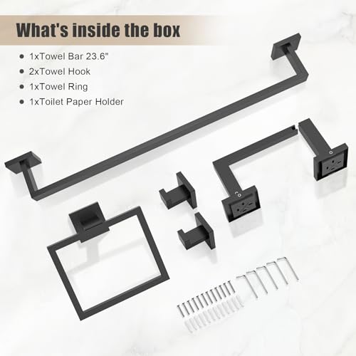 TQKAG Matte Black Bathroom Hardware Accessories Set 5 Pieces, Double Post Pivoting Toilet Paper Holder Set Stainless Steel Square Bathroom Towel Bar Holder Set Wall Mounted - color: Matte Black, size: 5-Pieces Set