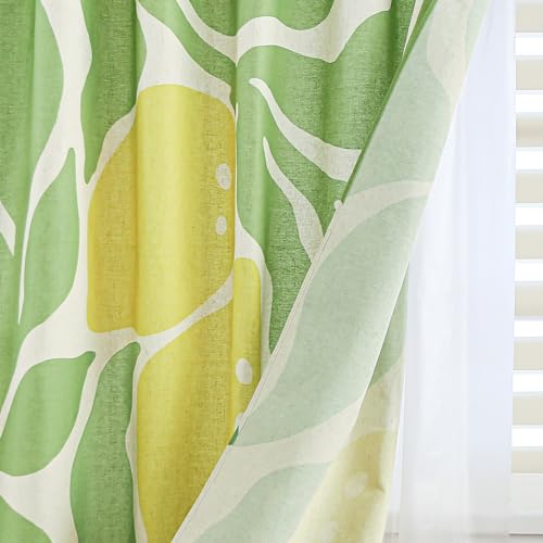 Yellow Lemon and Green Leaves Linen Shower Curtain Set with Liner | Double Layer Shower Curtain Waterproof Fabric with Zippered Removable PEVA Liner,Boho Shower Curtain for Bathroom,Free Hooks - color: Citrus