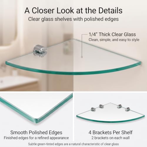 Kingrol 3 Pack Drill-Mounted Glass Corner Shower Shelves, 9-3/8 Inch | 3 Separate Shelves for True 90° Corners, 4 Brackets Per Shelf, Approx. 9.75-Inch Installed Corner Depth