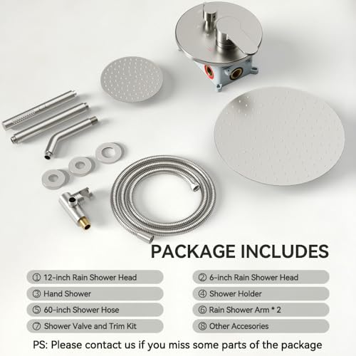 Shower Systems Shower Faucet Sets STARBATH 3 Way 12+6" Round Dual Rainfall Shower Head with Handheld Spray, Ceiling Mounted Rain Shower Valve with 5 Diverter and Trim Kit Complete, Brushed Nickel - color: Brushed Nickel, size: 6+12 inch-04