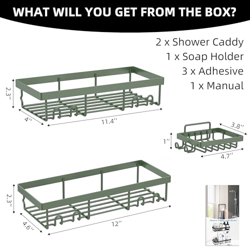 Moforoco 3-Pack Shower Caddy Basket Shelf with Soap Holder, No Drilling Traceless Adhesive Shower Wall Shelves, Rustproof Black Bathroom Shower Storage Organizer - color: Sage green