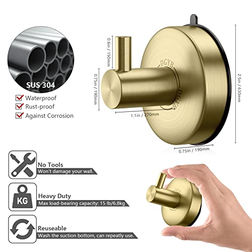 DGYB Suction Cup Hooks - Gold Towel Hooks for Bathrooms - SUS 304 Stainless Steel - 15 Lb Capacity - color: Brushed Gold